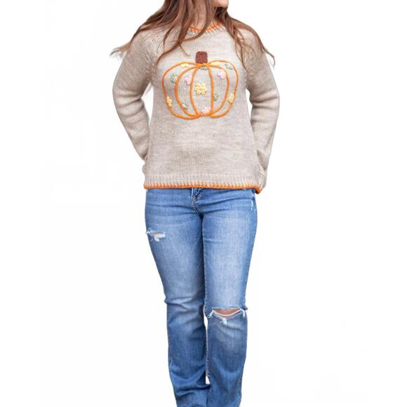 NEW SO ME pumpkin and floral embroidered sweater in beige - Picture 7 of 7